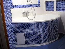 <p>Ванная. Облицовка стен и пространства под ванной мозайкой и кафелем.</p>