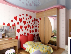 <p><em><strong>На стене использованы элементы сердечек. Особенно актуально для ремонта детской комнаты  для девочек.</strong></em></p>